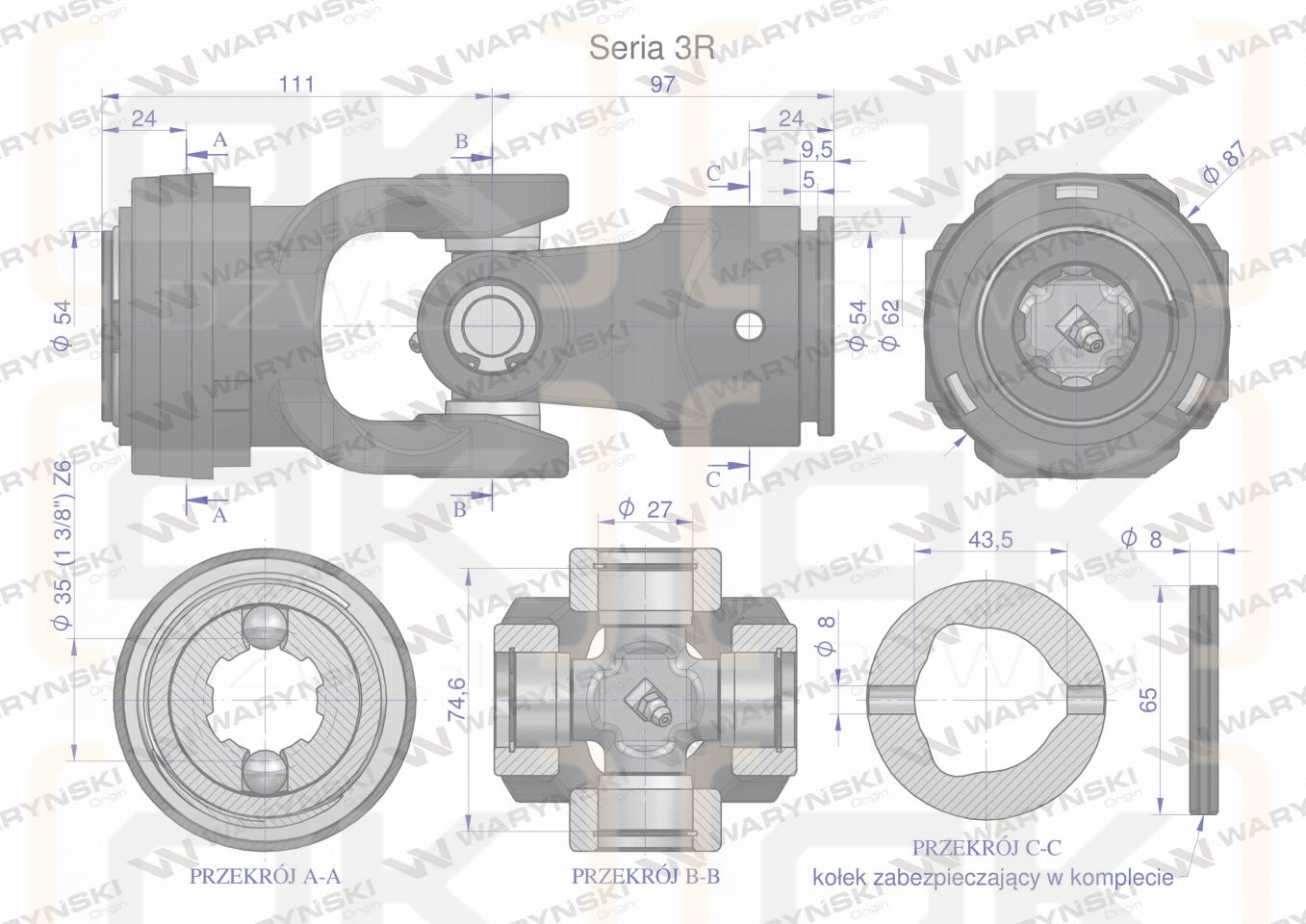 Przegub kompletny z krzyżakiem 27X74.6 seria 3 do rury zewnętrznej 43.5mm Waryński