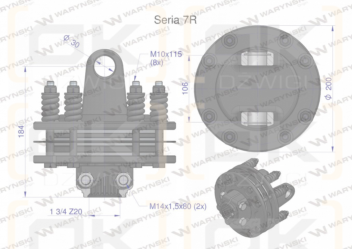 Sprzęgło cierne 4 tarczowe wału Seria 7R 1700Nm - 30x106 - 1 3/4 Z20 WARYŃSKI