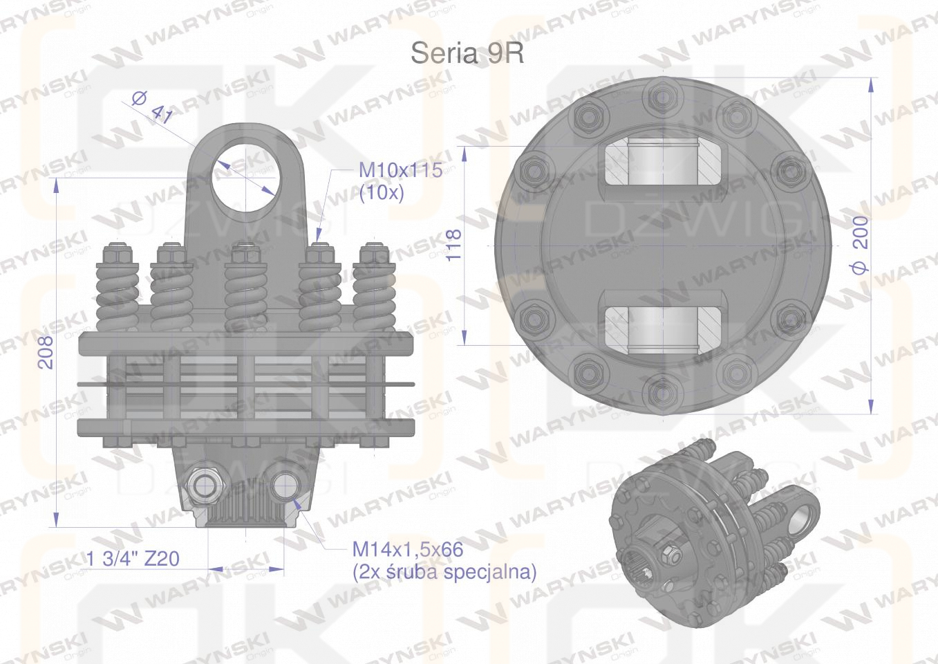 Sprzęgło cierne 4 tarczowe wału Seria 9R 1700Nm - 41x118 - 1 3/4 Z20 WARYŃSKI