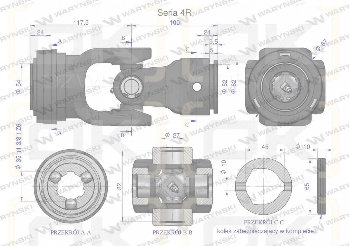 Przegub kompletny z krzyżakiem 27X82 seria 4 do rury wewnętrznej 45mm Waryński