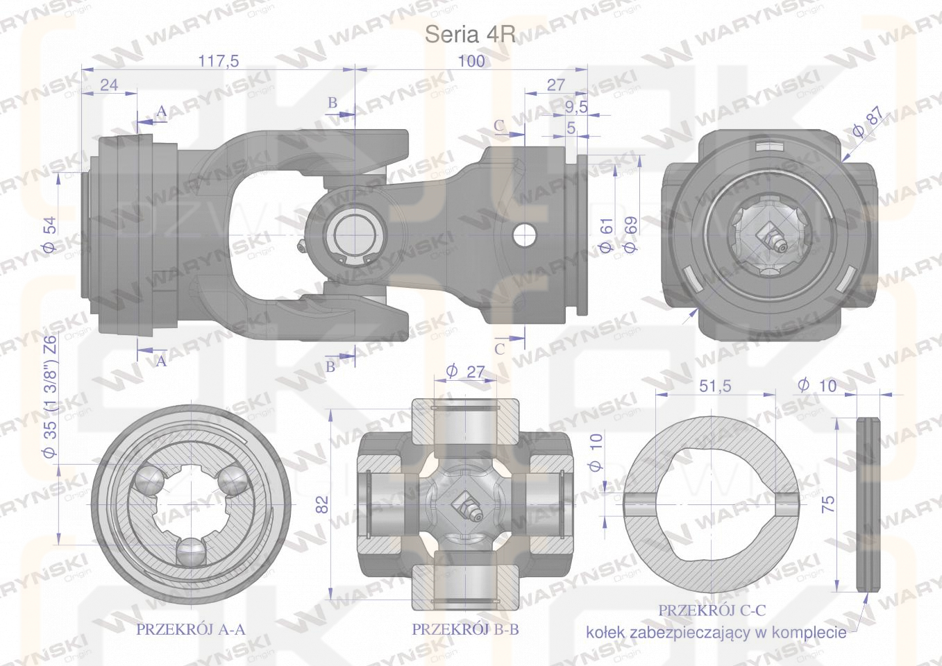 Przegub kompletny z krzyżakiem 27X82 seria 4 do rury zewnętrznej 51.5mm Waryński