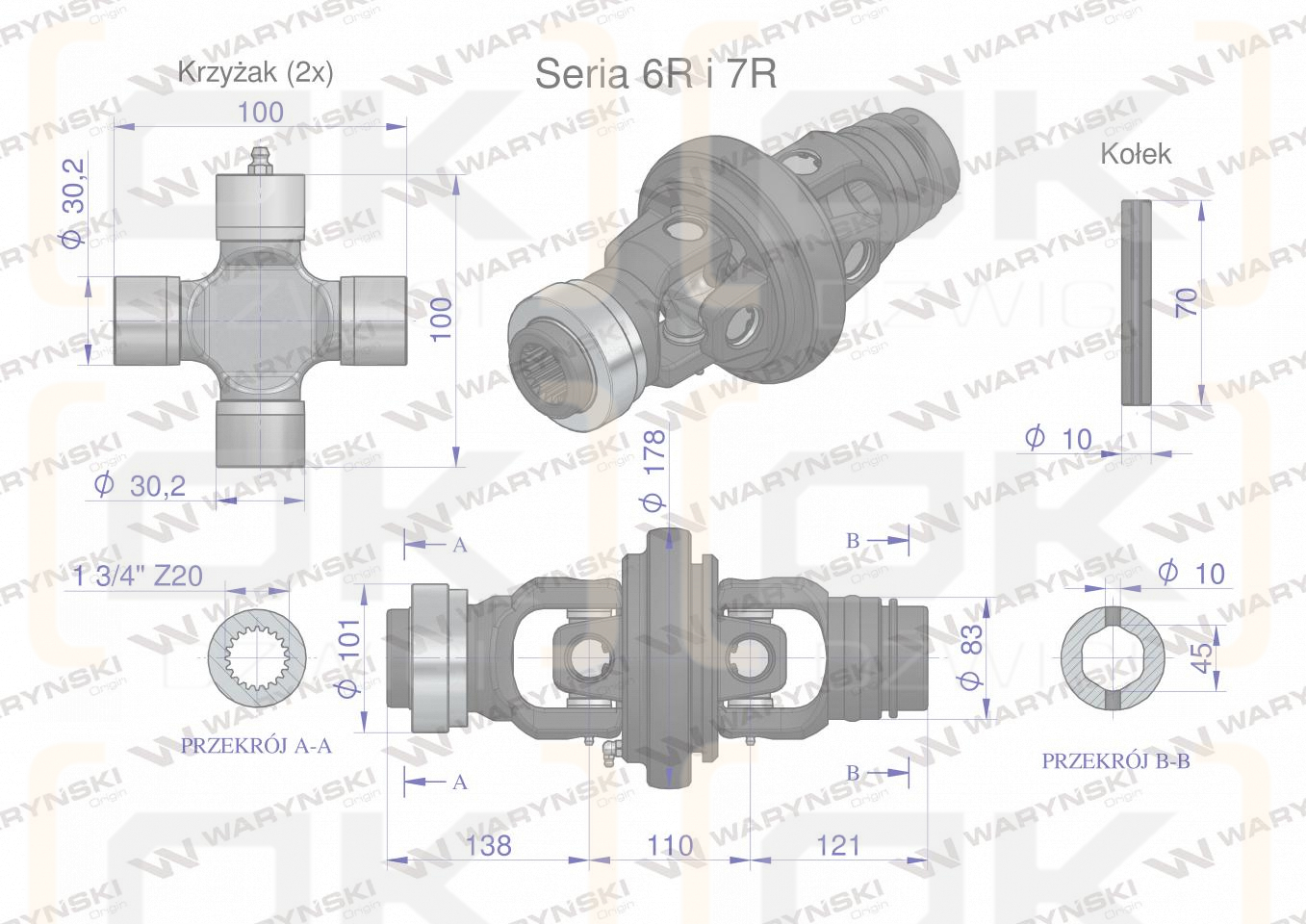 Wide-angle joint, shaft set Series 6R 7R for pipe 45x5.5 - 1 3/4 20, Waryński