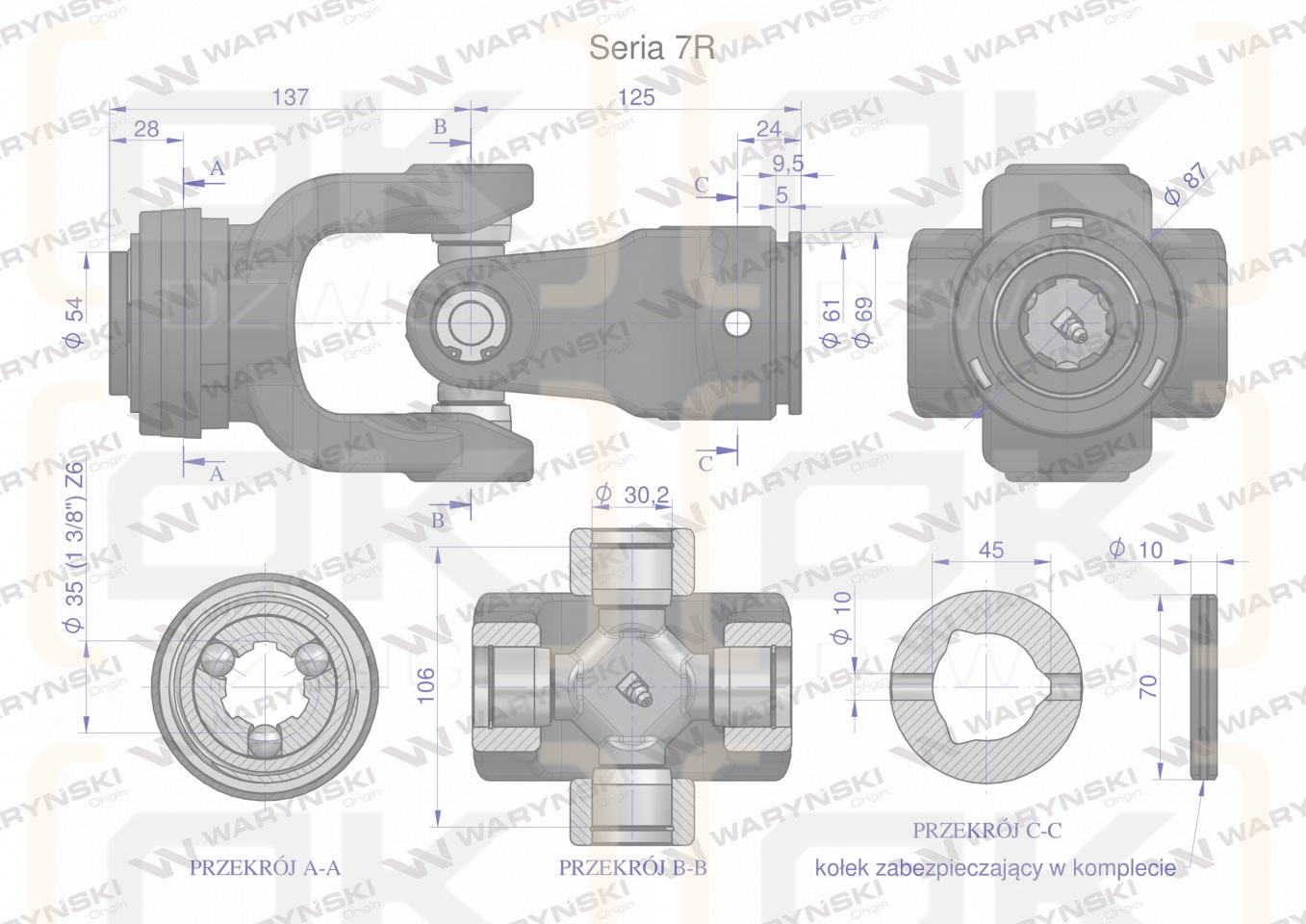 Przegub kompletny z krzyżakiem 30X106 seria 7 do rury wewnętrznej 45mm Waryński