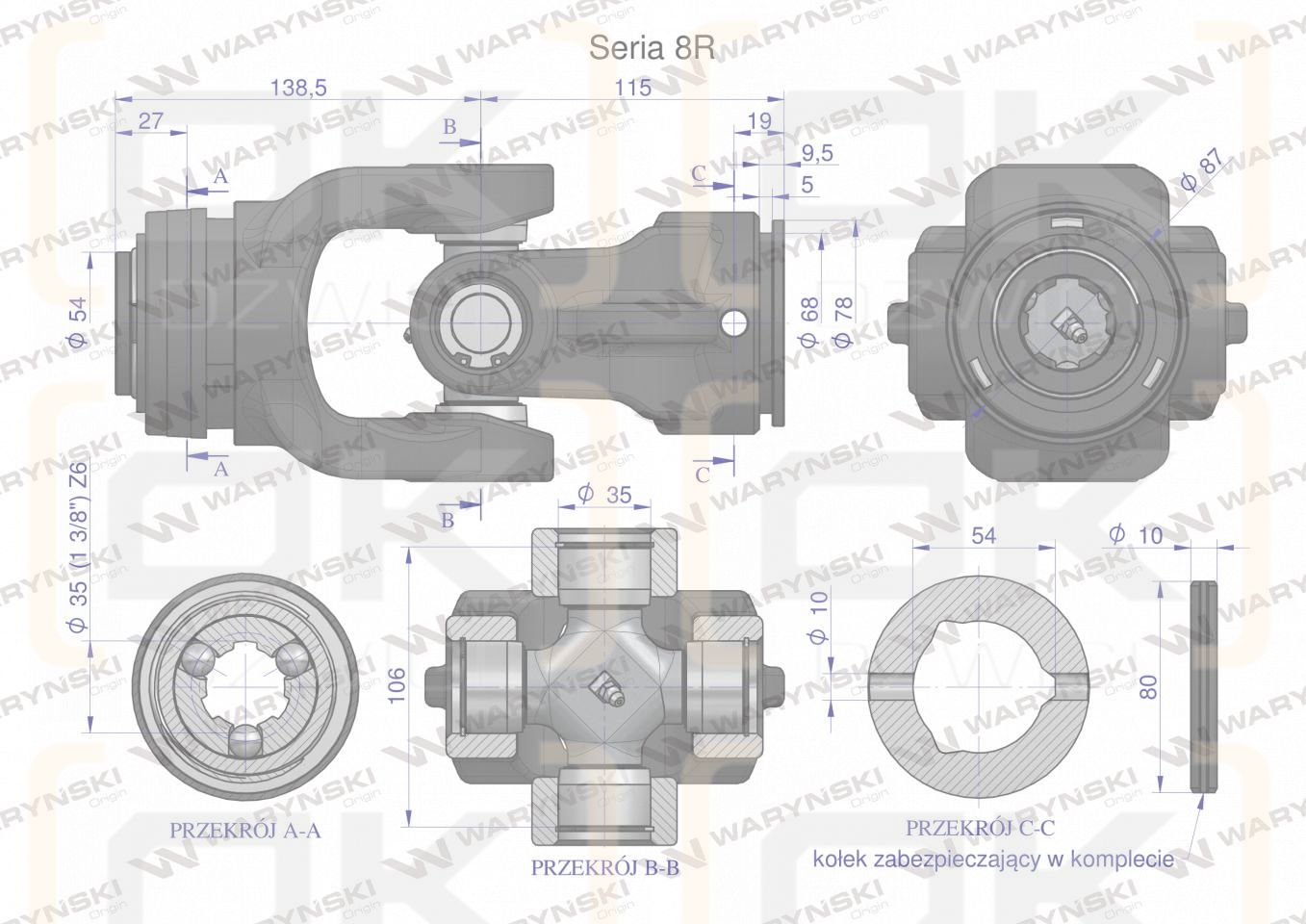Przegub kompletny z krzyżakiem 35X106 seria 8 do rury wewnętrznej 54mm Waryński