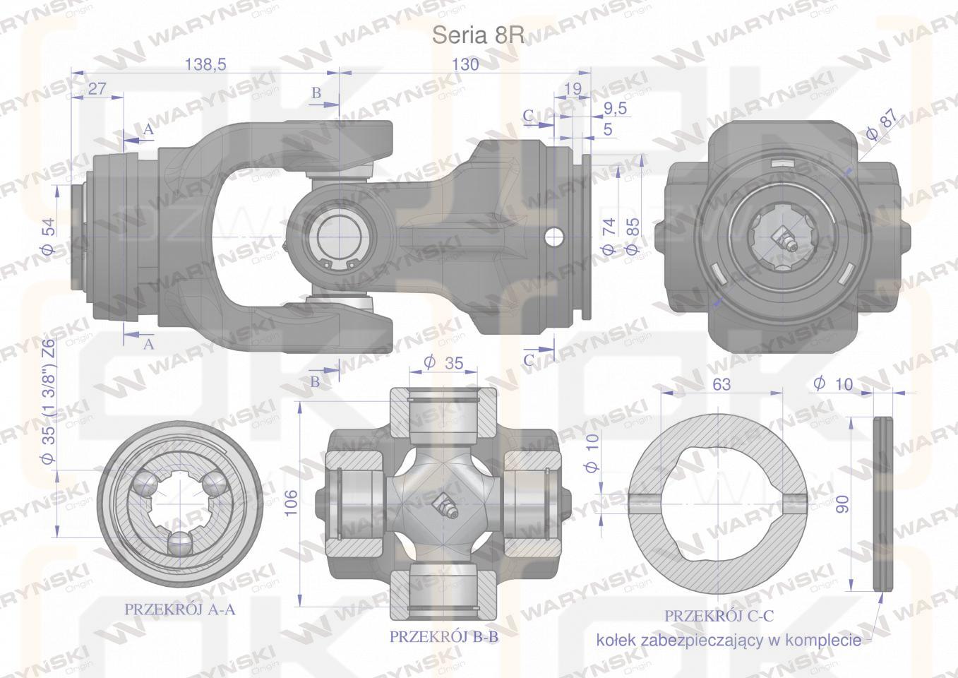 Przegub kompletny z krzyżakiem 35X106 seria 8 do rury zewnętrznej 63mm Waryński