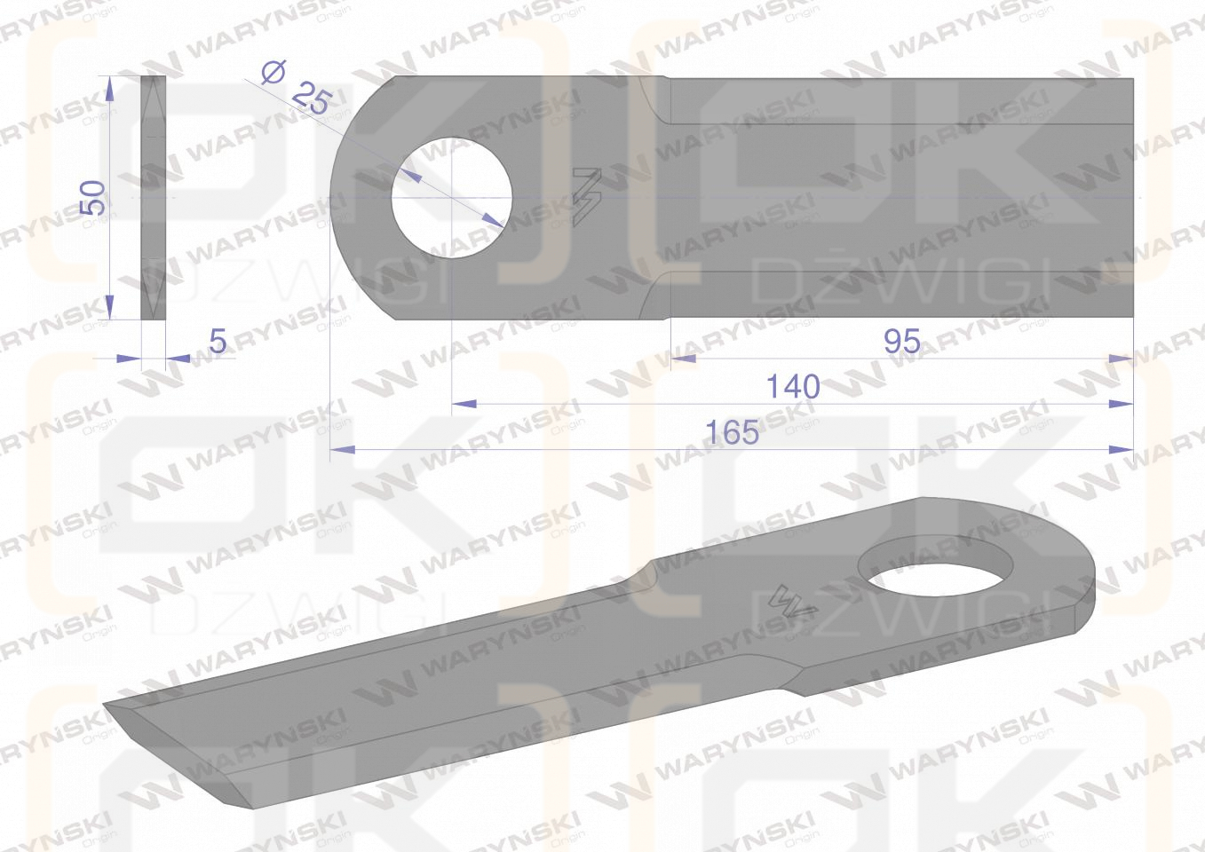 Nóż obrotowy rozdrabniacz słomy sieczkarnia gładki 165x50x5mm otwór 25 zastosowanie DS175 WARYŃSKI ( sprzedawane po 25 )