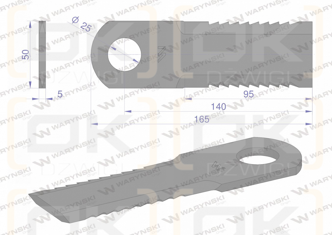Nóż, obrotowy rozdrabniacz słomy sieczkarnia uzębiony 165x50x5mm otwór 25 zastosowanie DS175 WARYŃSKI, Waryński