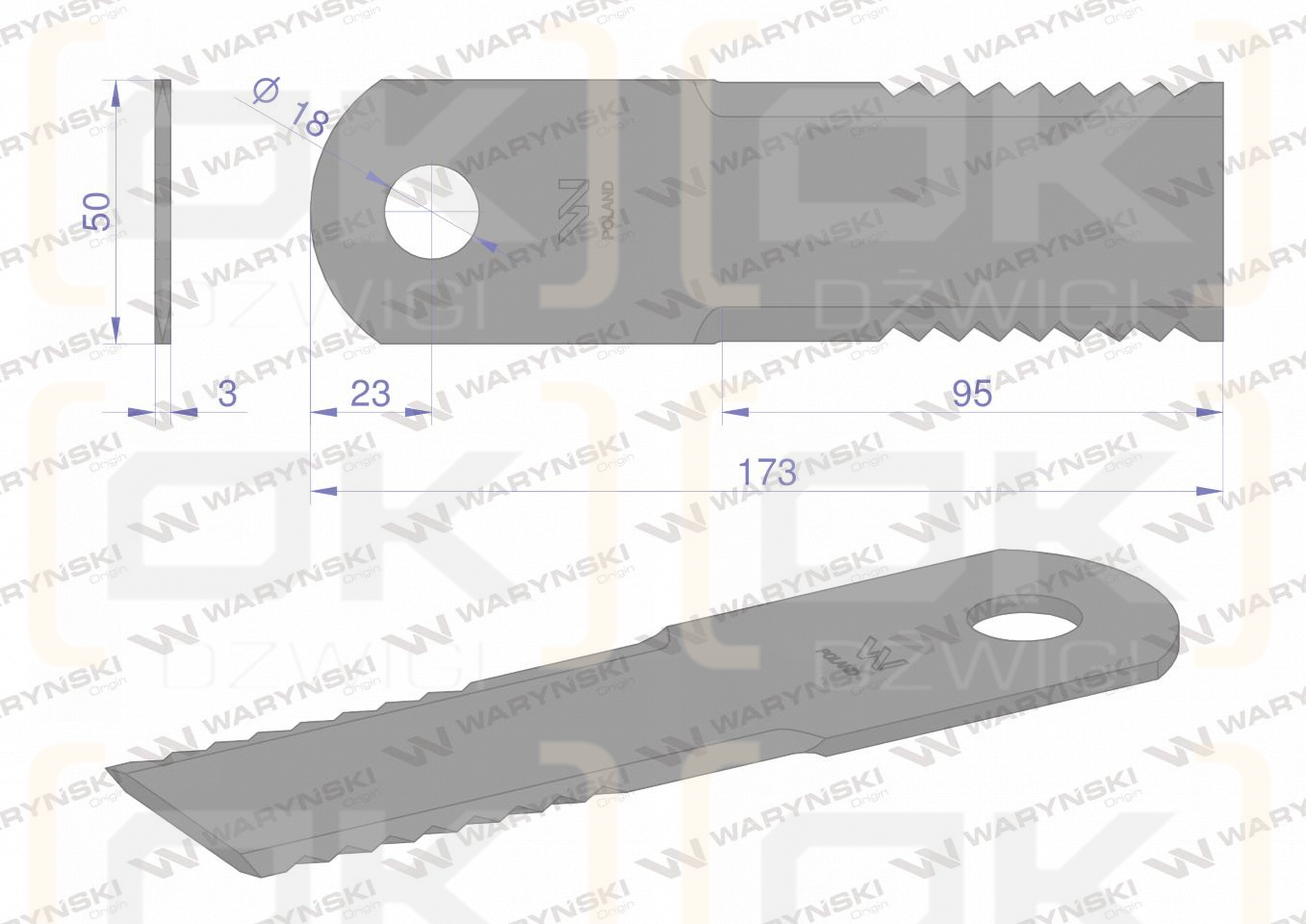 Nóż, obrotowy rozdrabniacz słomy sieczkarnia 173x50x3mm otwór 18 zastosowanie 065294 525100 Claas WARYŃSKI, Waryński