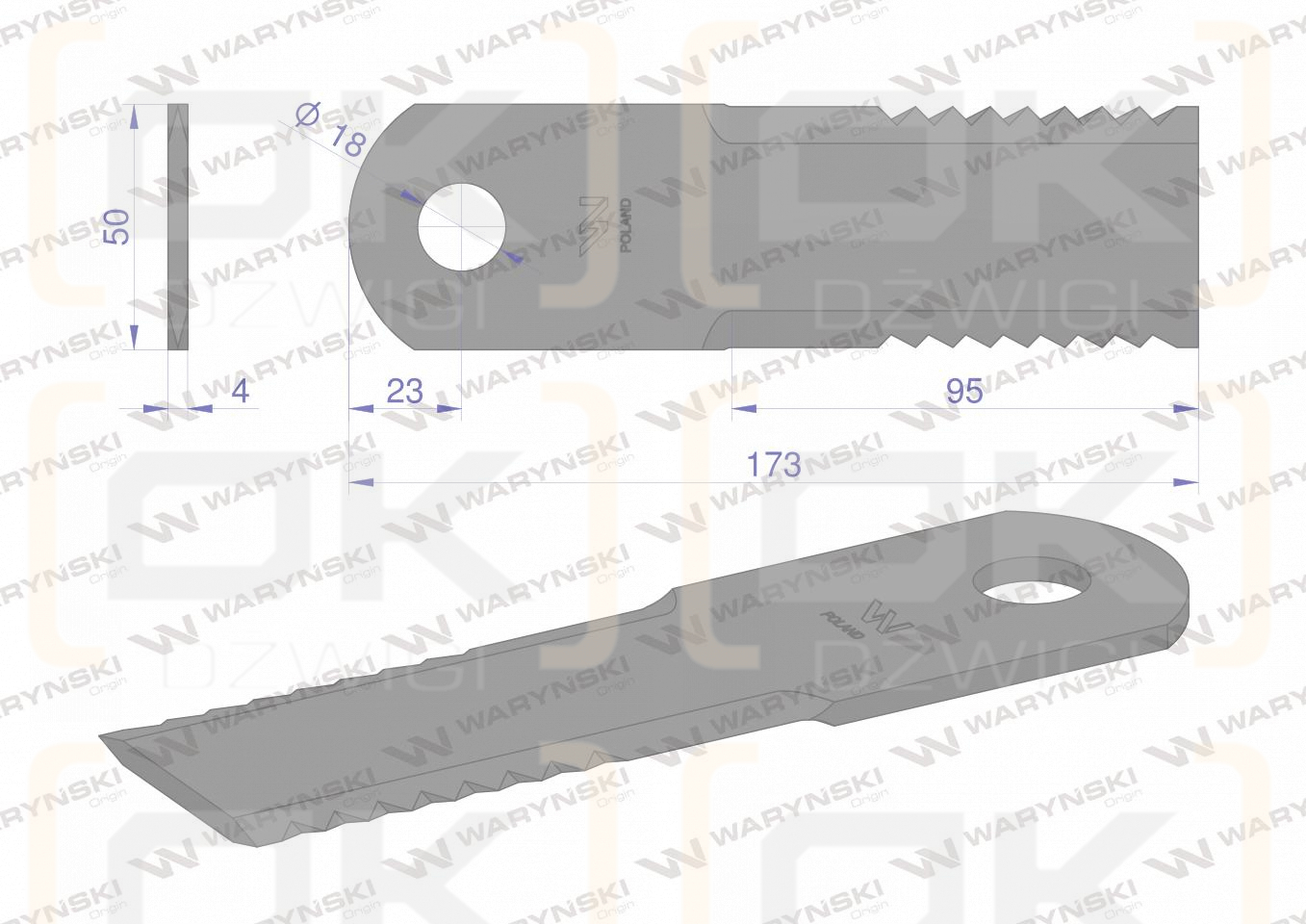 Nóż obrotowy rozdrabniacz słomy sieczkarnia 173x50x4mm otwór 18 zastosowanie 600174 John Deere MF New Holland WARYŃSKI ( sprzedawane po 25 )
