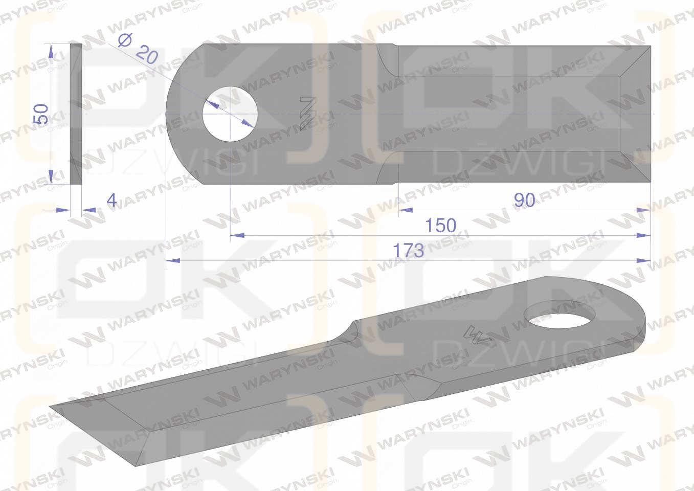 Nóż obrotowy rozdrabniacz słomy sieczkarnia gładki 173x50x4mm otwór 20 zastosowanie 755786 Claas WARYŃSKI ( sprzedawane po 25 )