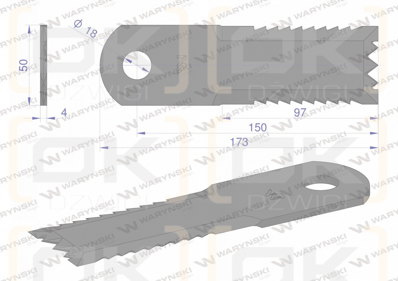 Nóż obrotowy rozdrabniacz słomy sieczkarnia uzębiony 173x50x4mm otwór 18 zastosowanie Z77601 John Deere WARYŃSKI ( sprzedawane po 25 )