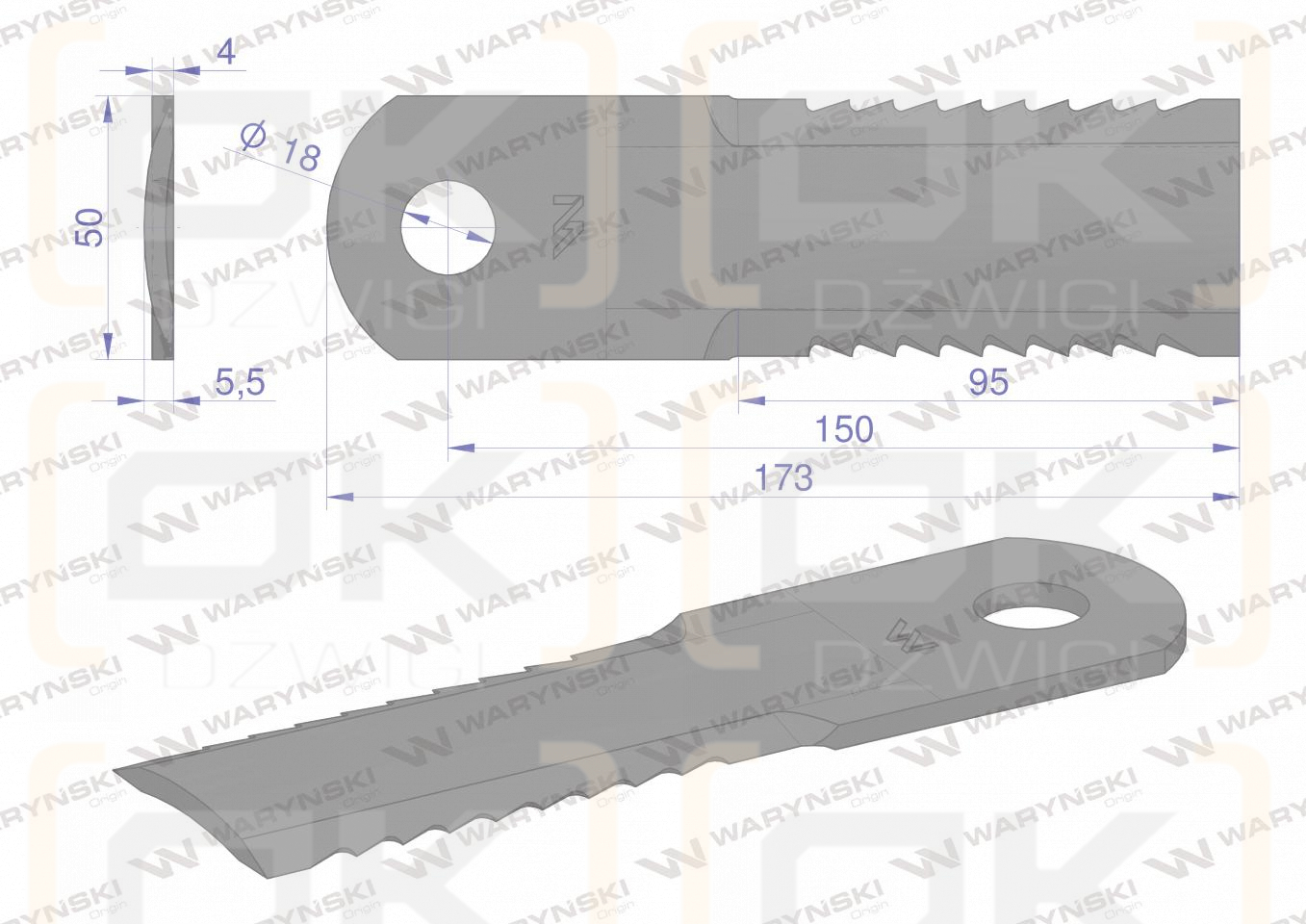 Nóż obrotowy rozdrabniacz słomy sieczkarnia uzębiony 173x50x4mm otwór 18 zastosowanie 84441392 New Holland WARYŃSKI ( sprzedawane po 25 )