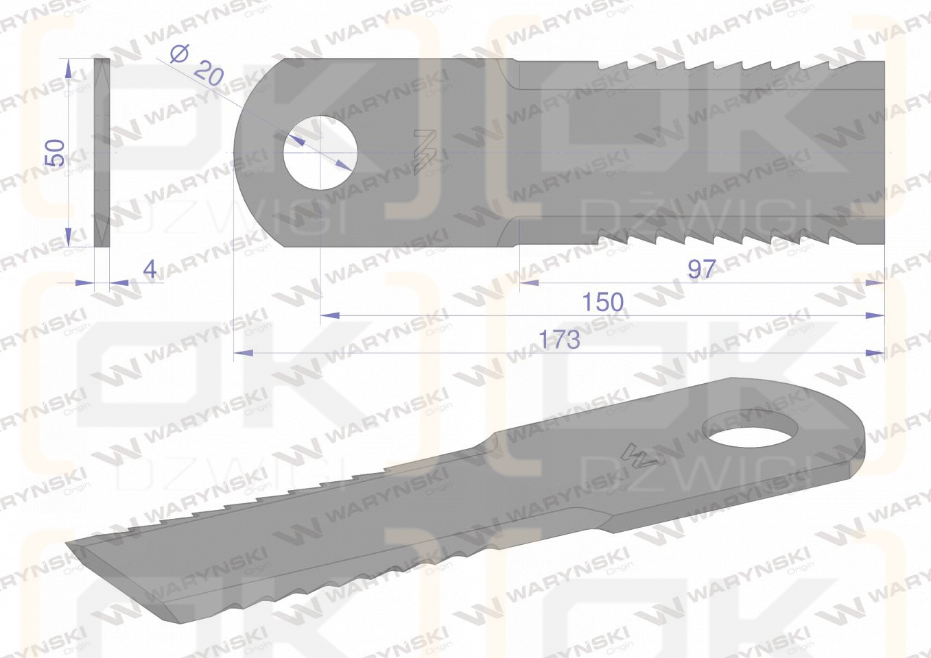 Nóż obrotowy rozdrabniacz słomy sieczkarnia uzębiony 173x50x4mm otwór 20 zastosowanie 755784.0 Claas Lexion WARYŃSKI ( sprzedawane po 25 )