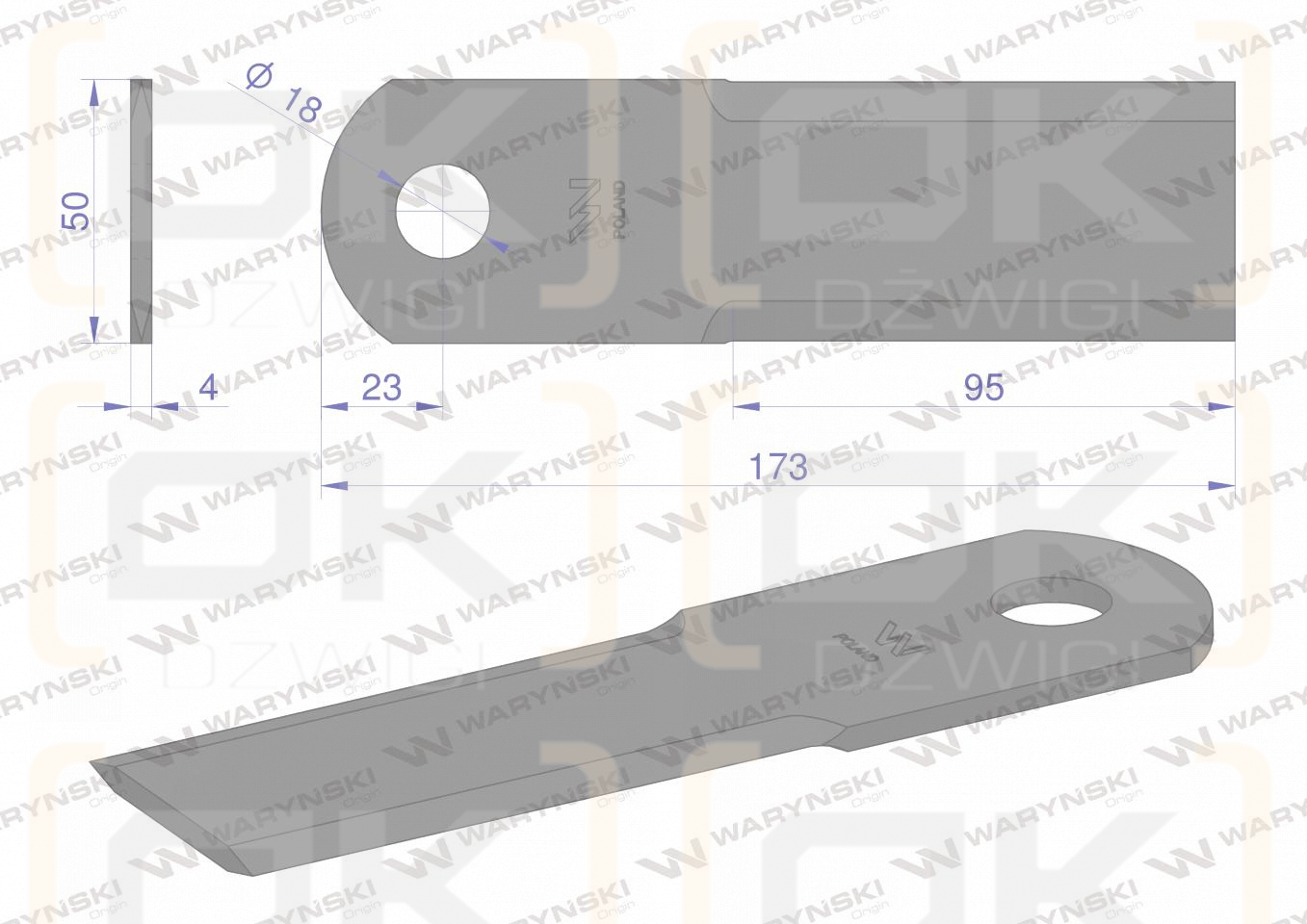 Nóż, obrotowy rozdrabniacz słomy sieczkarnia 173x50x4mm otwór 18 zastosowanie 746813 New Holland WARYŃSKI, Waryński