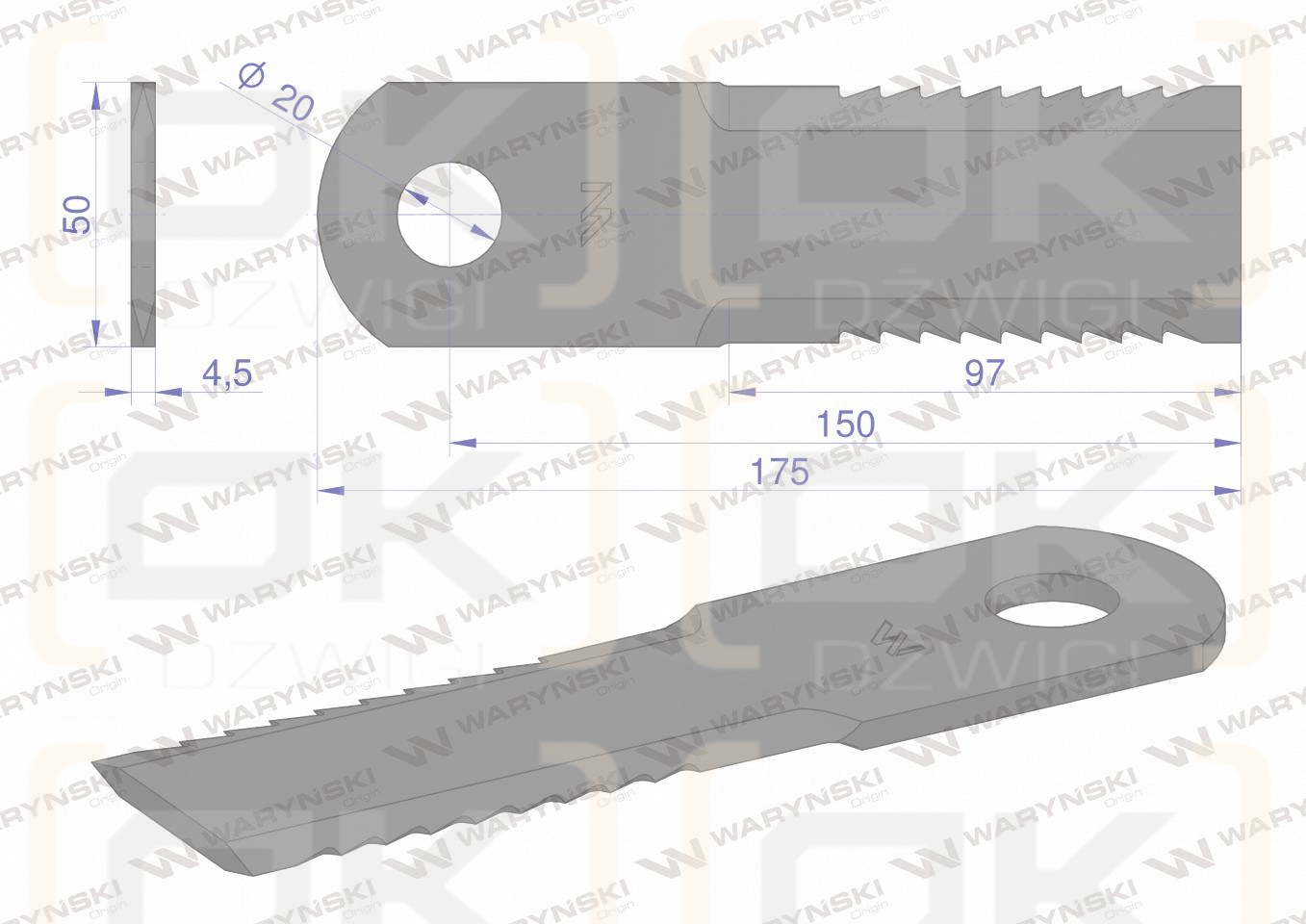 Nóż obrotowy rozdrabniacz słomy sieczkarnia uzębiony 173x50x4.5mm otwór 20 zastosowanie 84068444 New Holland WARYŃSKI ( sprzedawane po 25 )