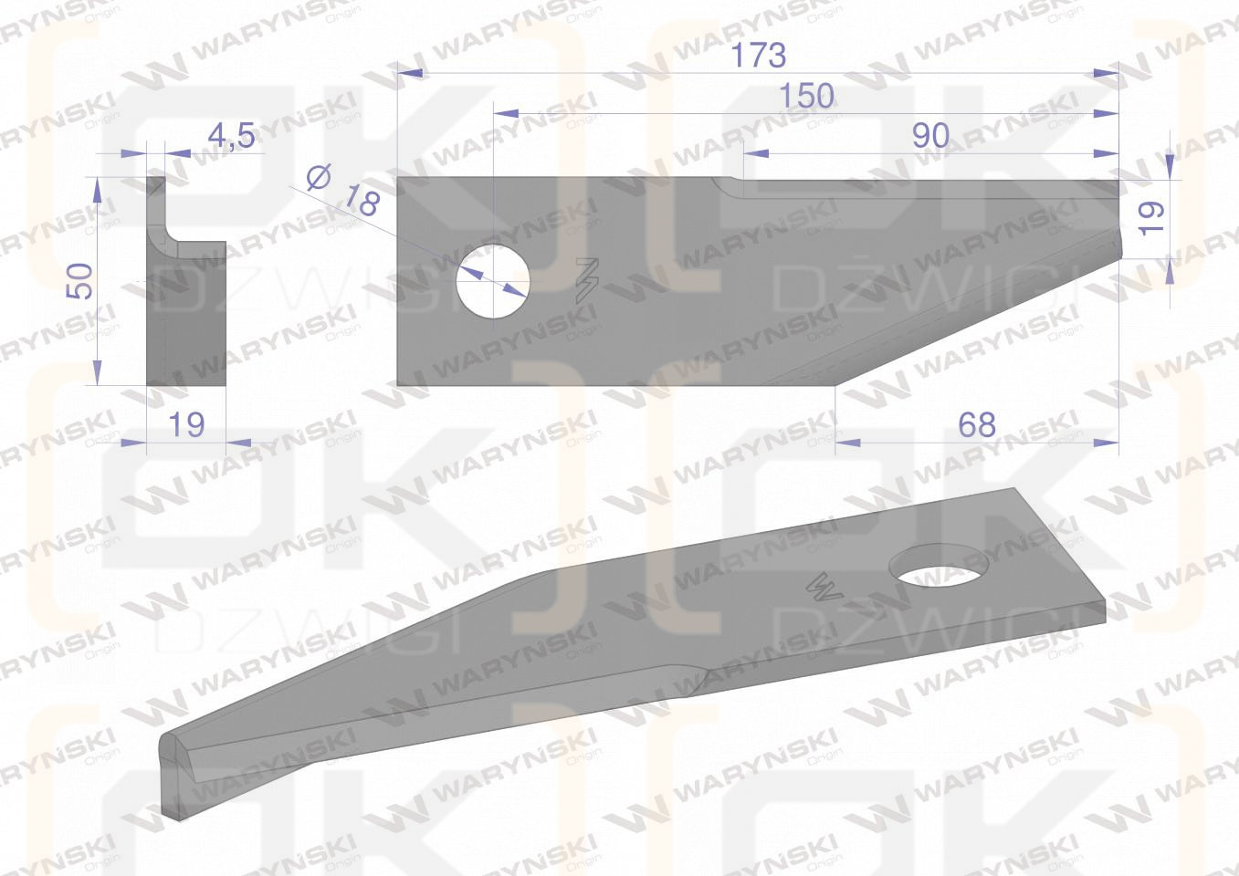 Nóż obrotowy rozdrabniacz słomy sieczkarnia podgięty lewy 173x50x4.5mm otwór 18 zastosowanie 87031976 New Holland WARYŃSKI ( sprzedawane po 25 )