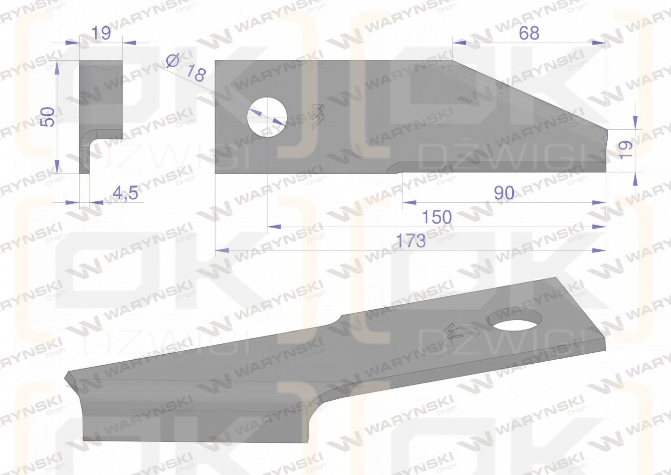 Nóż obrotowy rozdrabniacz słomy sieczkarnia podgięty 173x50x4.5mm otwór 18 zastosowanie 87031976 New Holland WARYŃSKI ( sprzedawane po 25 )