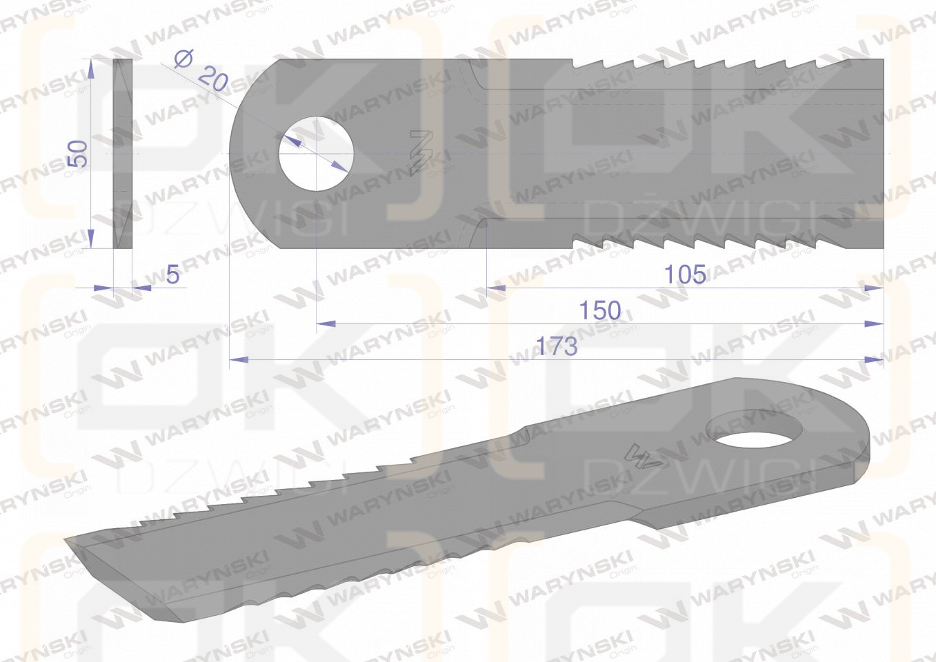 Nóż obrotowy rozdrabniacz słomy sieczkarnia uzębiony 175x50x5mm otwór 20 zastosowanie Z105500 John Deere WARYŃSKI ( sprzedawane po 25 )
