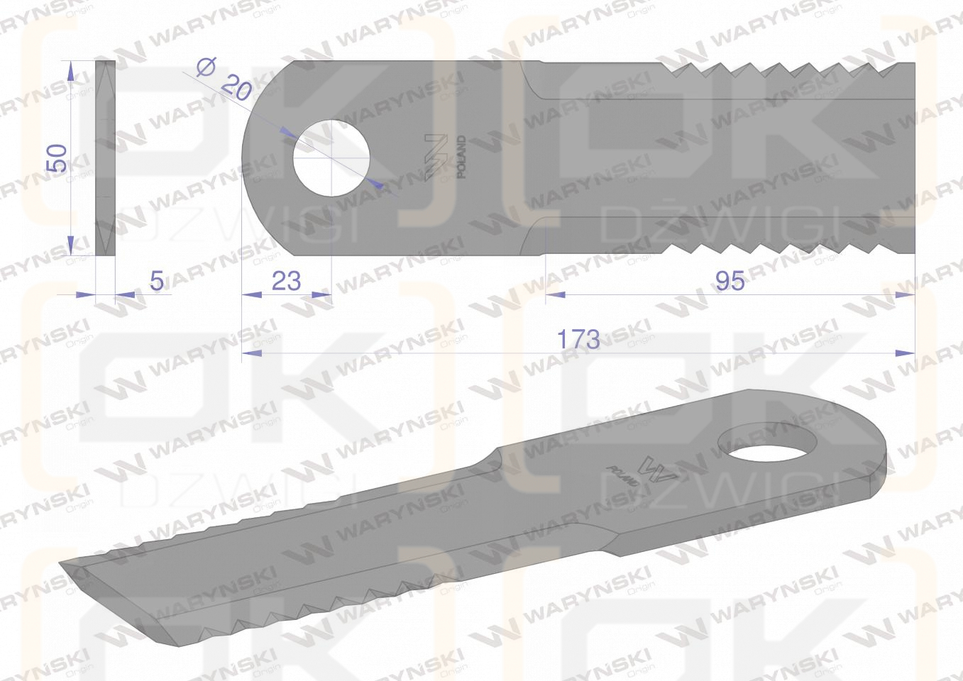 Nóż, obrotowy rozdrabniacz słomy sieczkarnia 173x50x5mm otwór 20 zastosowanie 87318316 New Holland WARYŃSKI, Waryński