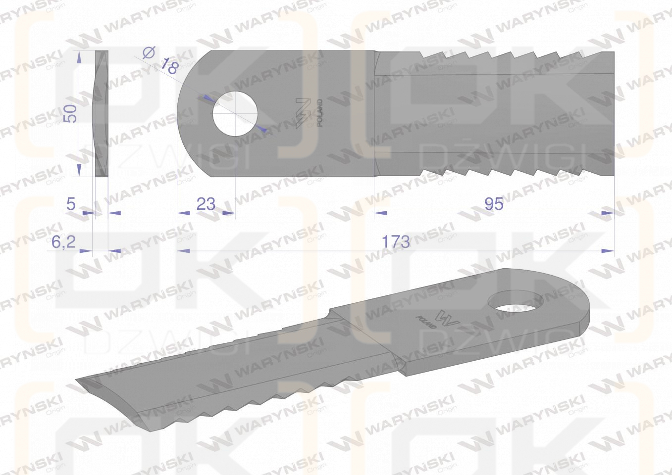 Nóż obrotowy rozdrabniacz słomy sieczkarnia 173x50x5mm otwór 18 zastosowanie 84437624 281445N New Holland WARYŃSKI ( sprzedawane po 25 )