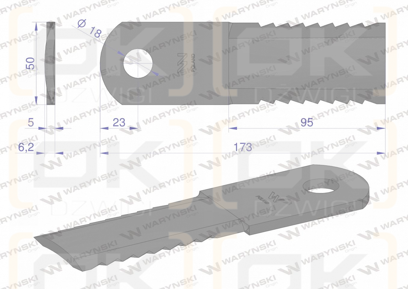 Nóż, obrotowy rozdrabniacz słomy sieczkarnia 173x50x5mm otwór 18 zastosowanie 84437624 281445N New Holland WARYŃSKI, Waryński