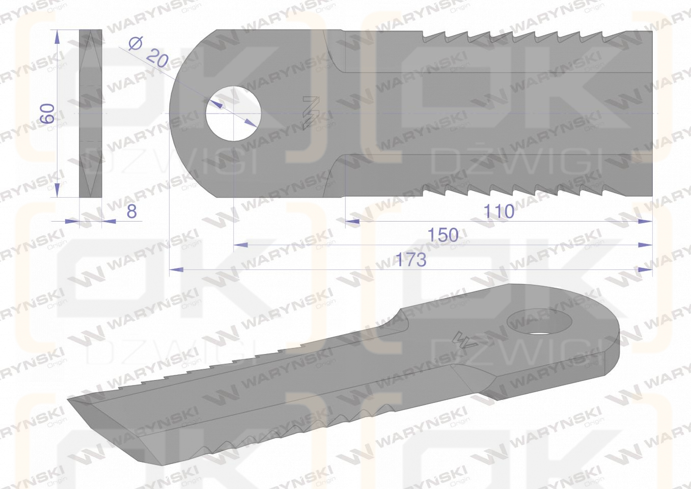 Nóż obrotowy rozdrabniacz słomy sieczkarnia uzębiony 173x60x8mm otwór 20 zastosowanie 270093250 Krone WARYŃSKI ( sprzedawane po 10 )