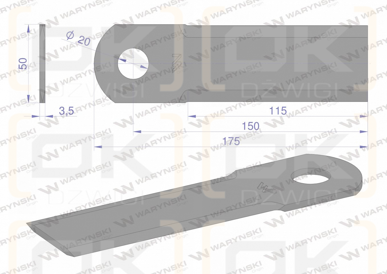 Nóż obrotowy rozdrabniacz słomy sieczkarnia gładki 175x50x3.5mm otwór 20 zastosowanie HF41348 WARYŃSKI ( sprzedawane po 25 )