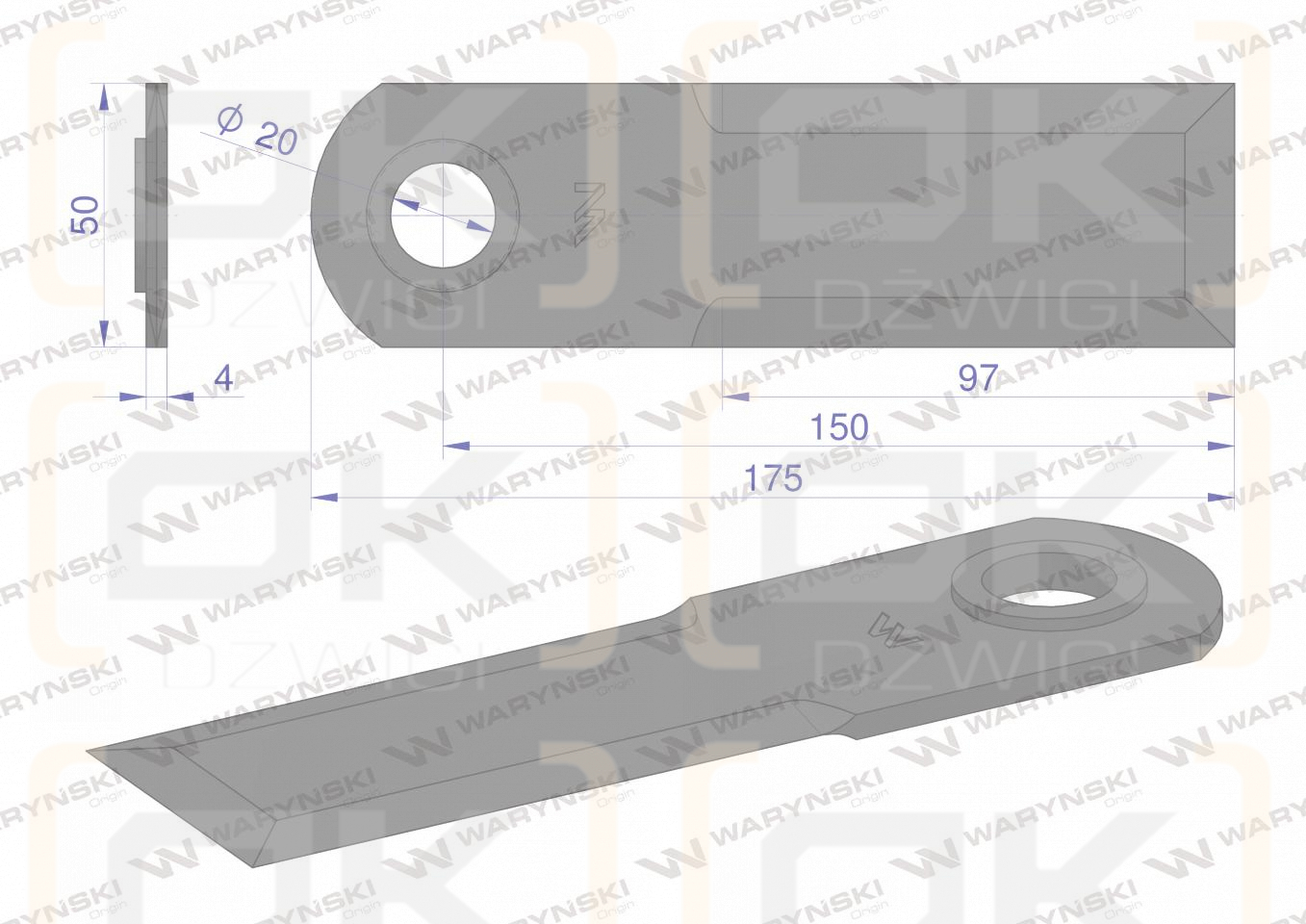 Nóż obrotowy rozdrabniacz słomy sieczkarnia gładki 175x50x4mm otwór 20 z tuleją zastosowanie 755787.1 New Holland WARYŃSKI ( sprzedawane po 25 )