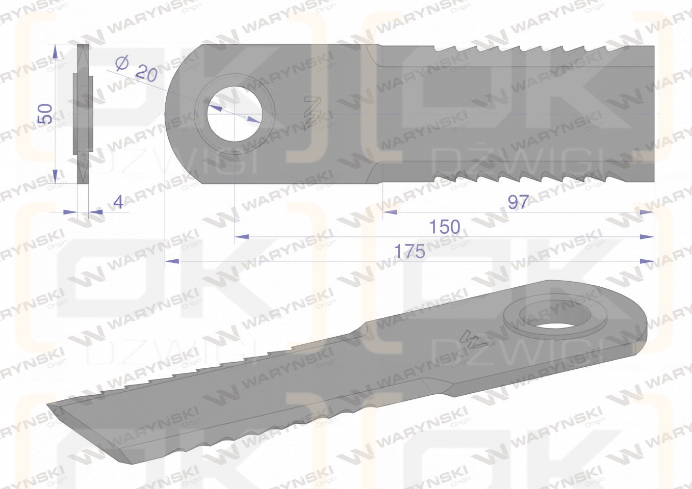 Nóż obrotowy rozdrabniacz słomy sieczkarnia uzębiony 173x50x4mm otwór 20 z tuleją zastosowanie 755784.1 Claas Lexion WARYŃSKI ( sprzedawane po 25 )