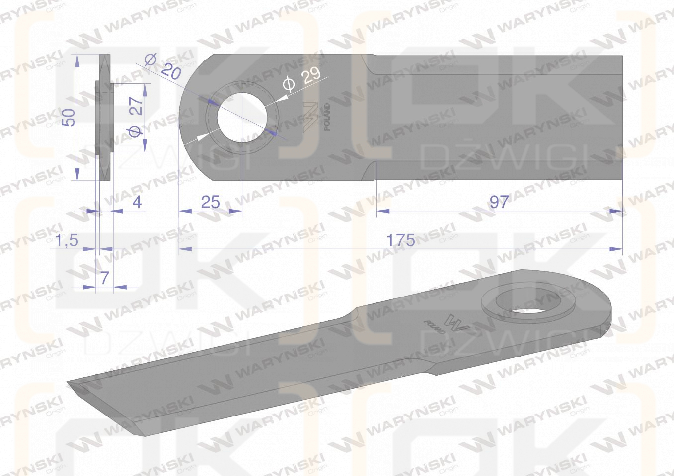 Nóż obrotowy rozdrabniacz słomy sieczkarnia 175x50x4mm otwór 20 zastosowanie 7558740 Claas WARYŃSKI ( sprzedawane po 25 )