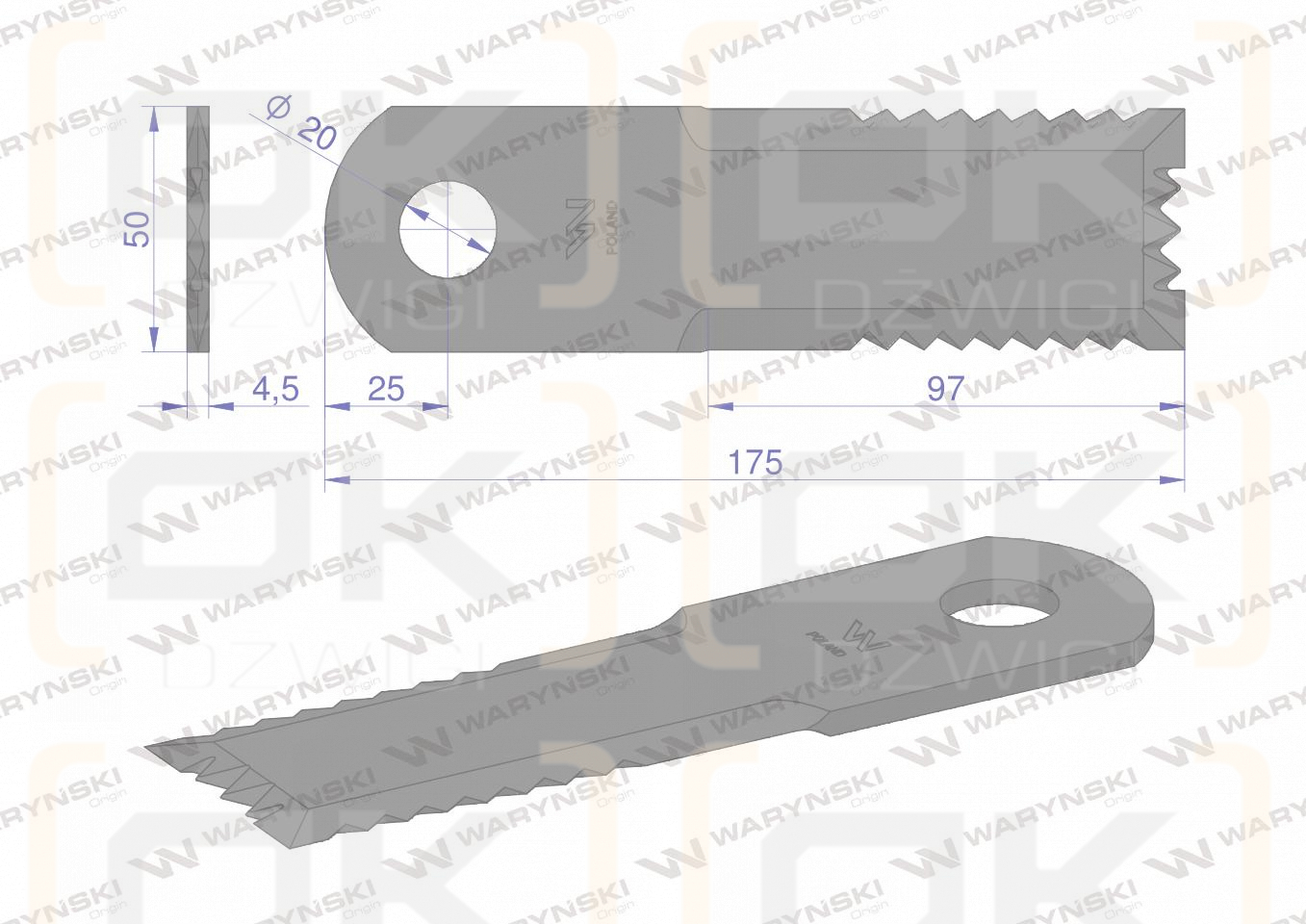 Nóż obrotowy rozdrabniacz słomy sieczkarnia 175x50x4.5mm otwór 20 zastosowanie HF44443 52900027 New Holland WARYŃSKI ( sprzedawane po 25 )