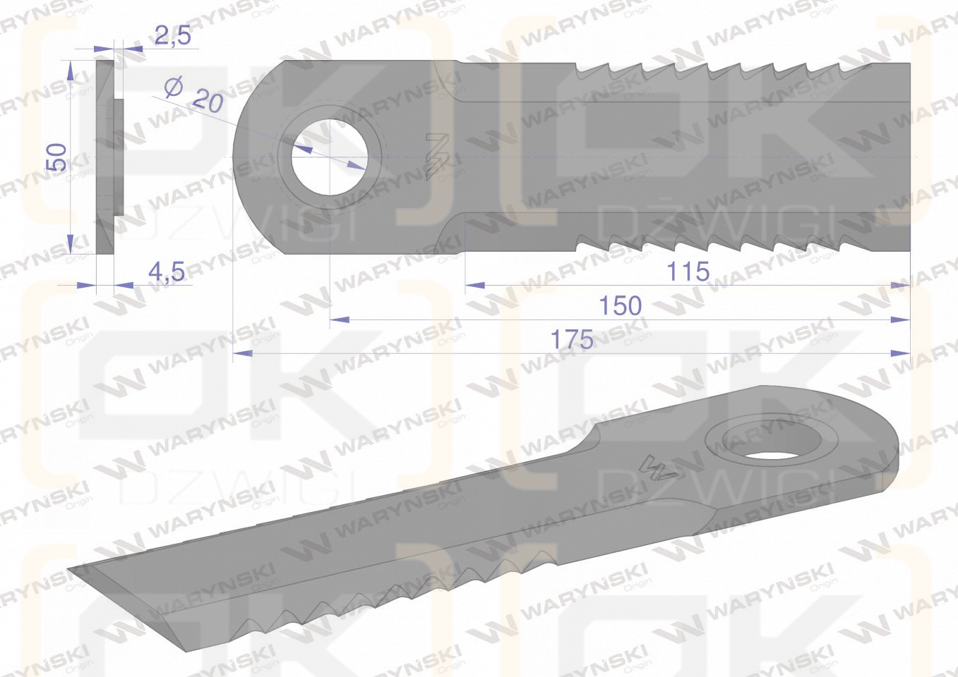Nóż obrotowy sieczkarnia 175x50x4.5mm otwór 20 z tuleją zastosowanie 1994760C4R Case WARYŃSKI ( sprzedawane po 25 )