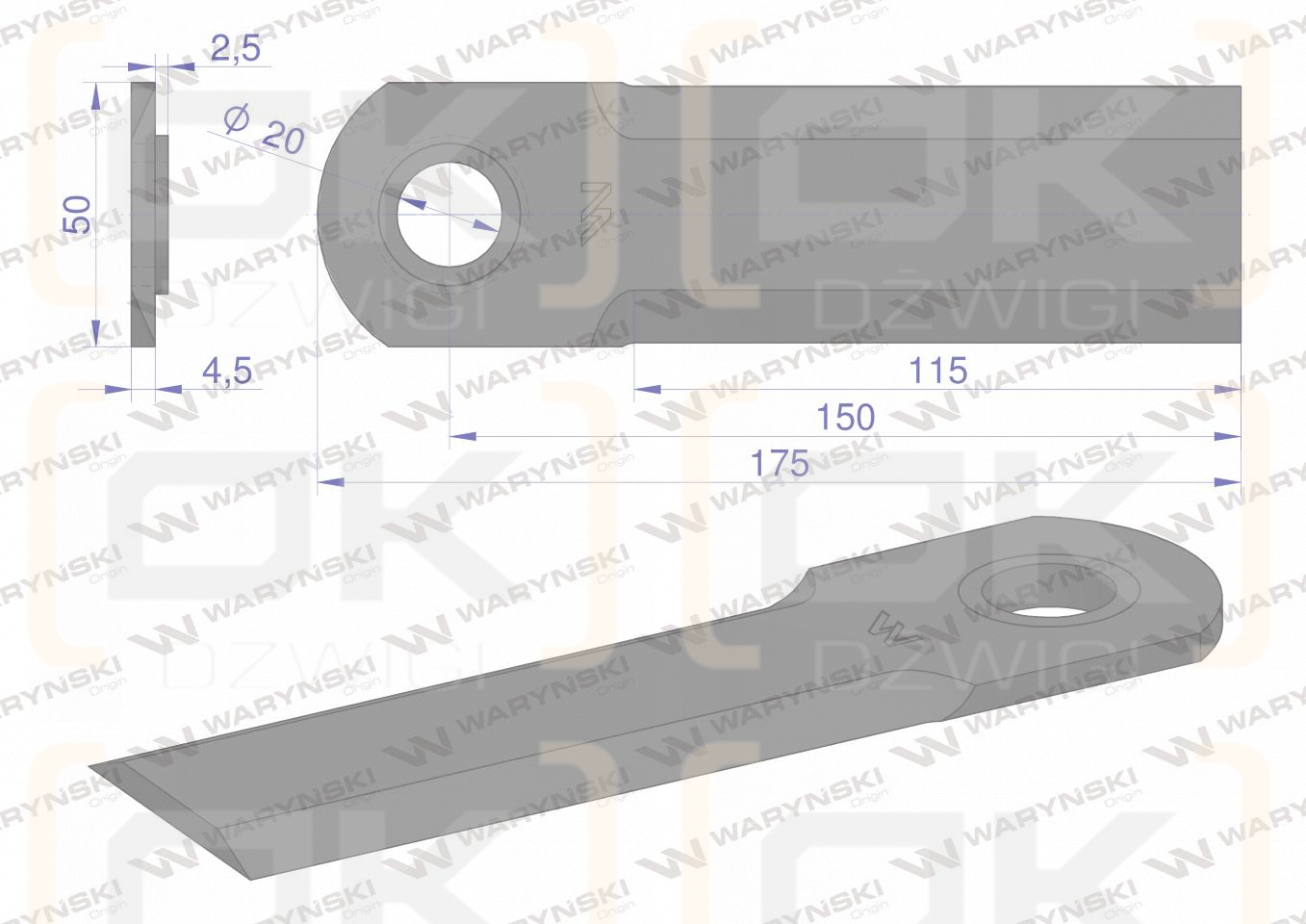 Nóż obrotowy sieczkarnia gładki 175x50x4.5mm otwór 20 z tuleją zastosowanie 1994760C4 Case WARYŃSKI ( sprzedawane po 25 )