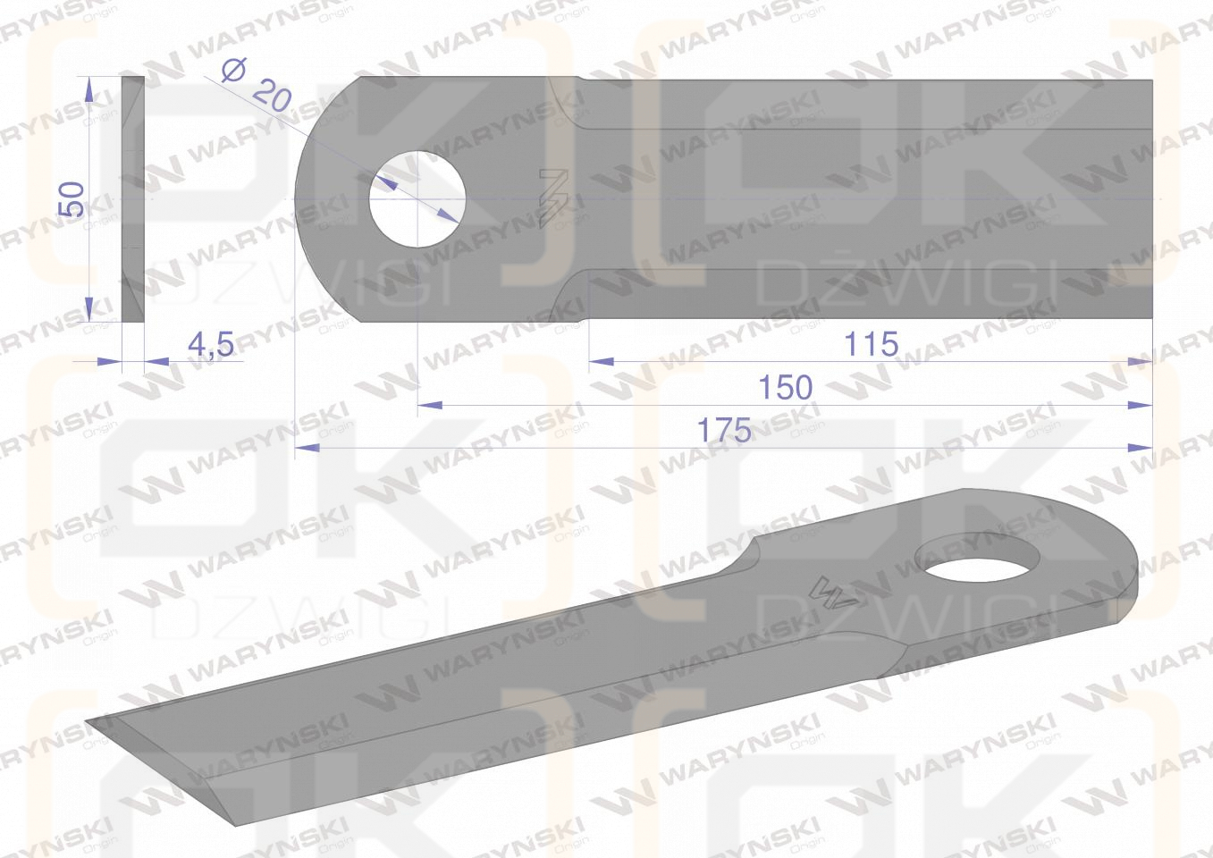 Nóż obrotowy rozdrabniacz słomy sieczkarnia gładki 175x50x4.5mm otwór 20 zastosowanie 320999350 New Holland  WARYŃSKI ( sprzedawane po 25 )