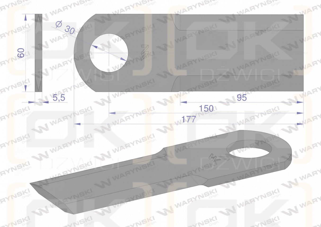 Nóż obrotowy rozdrabniacz słomy sieczkarnia gładki 177x60x5.5mm otwór 30 zastosowanie 065641 Claas WARYŃSKI ( sprzedawane po 15 )