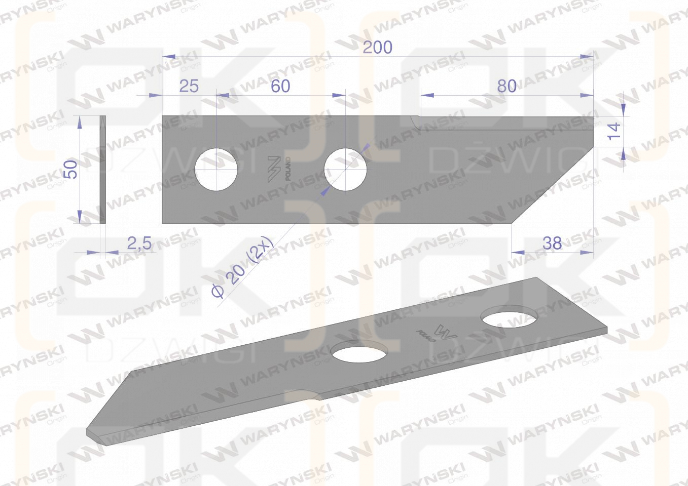 Nóż obrotowy rozdrabniacz słomy sieczkarnia 200x50x2.5mm otwór 20 zastosowanie HF40150 134830N Massey Ferguson WARYŃSKI ( sprzedawane po 25 )
