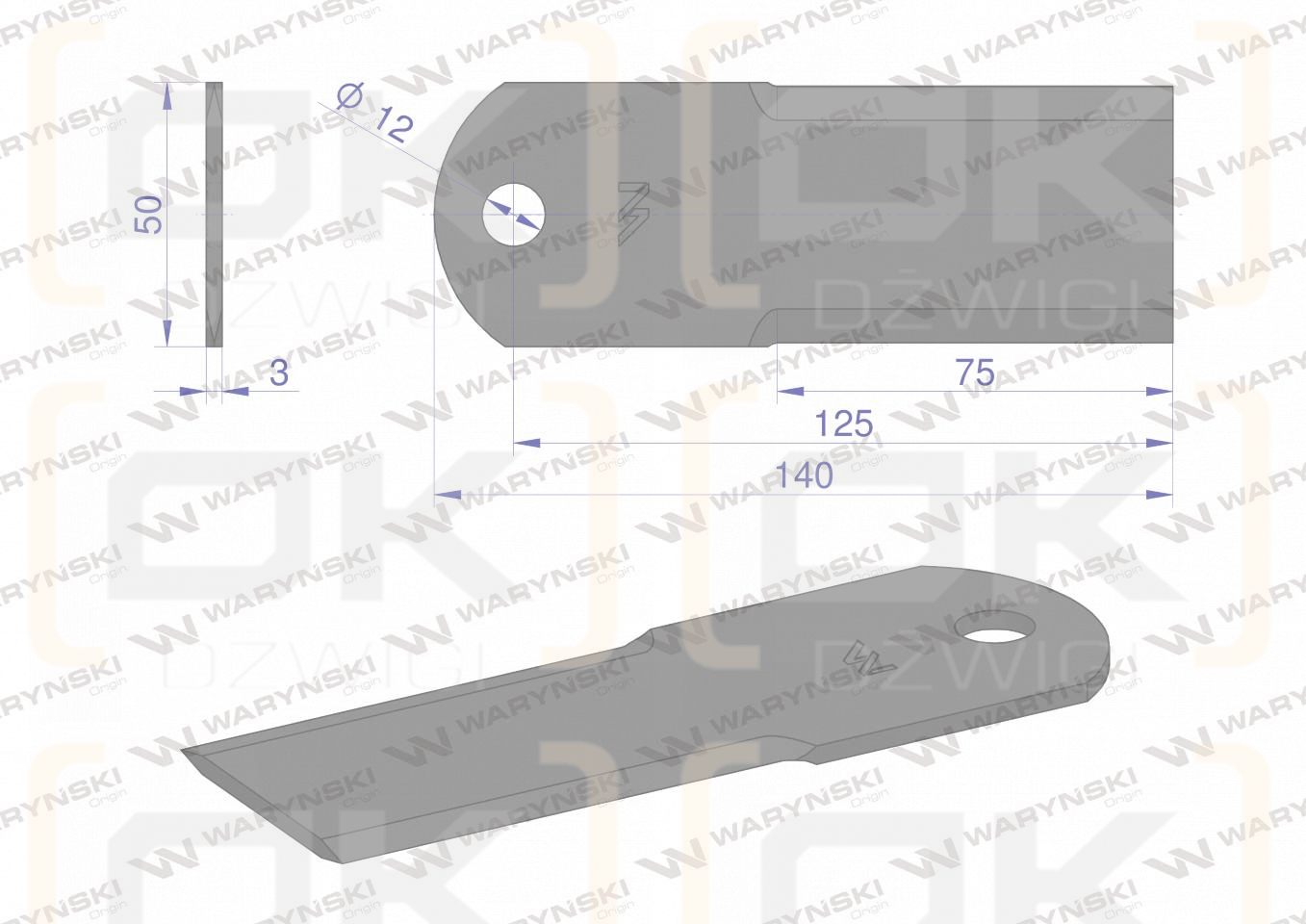 Nóż stały rozdrabniacz słomy sieczkarnia uzębiony 140x50x3mm otwór 12 zastosowanie 84437640 New Holland WARYŃSKI ( sprzedawane po 25 )