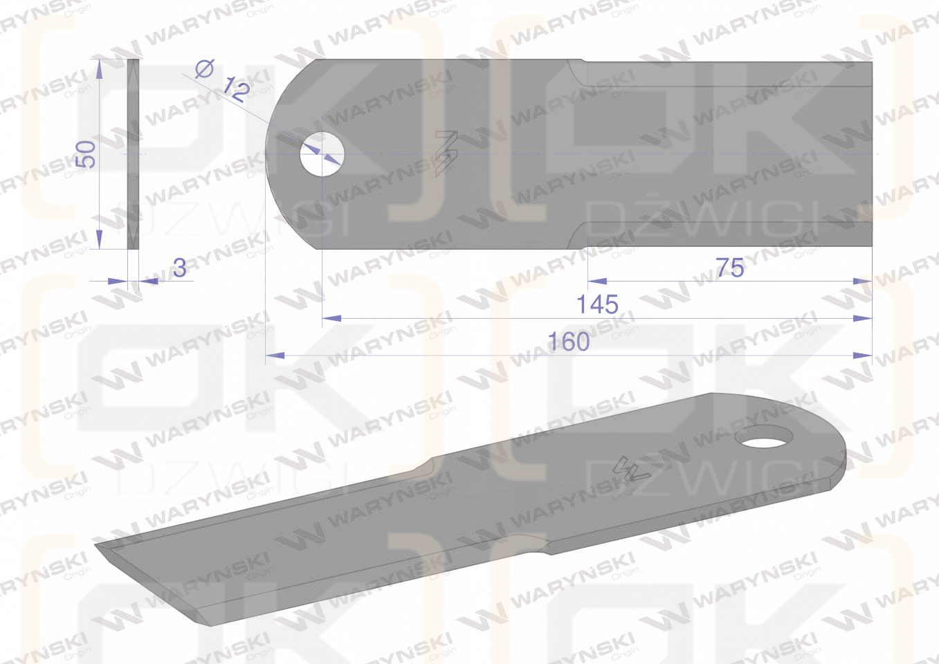 Nóż stały rozdrabniacz słomy sieczkarnia gładki 160x50x3mm otwór 12 zastosowanie 50028/4 900-603 New Holland WARYŃSKI ( sprzedawane po 25 )