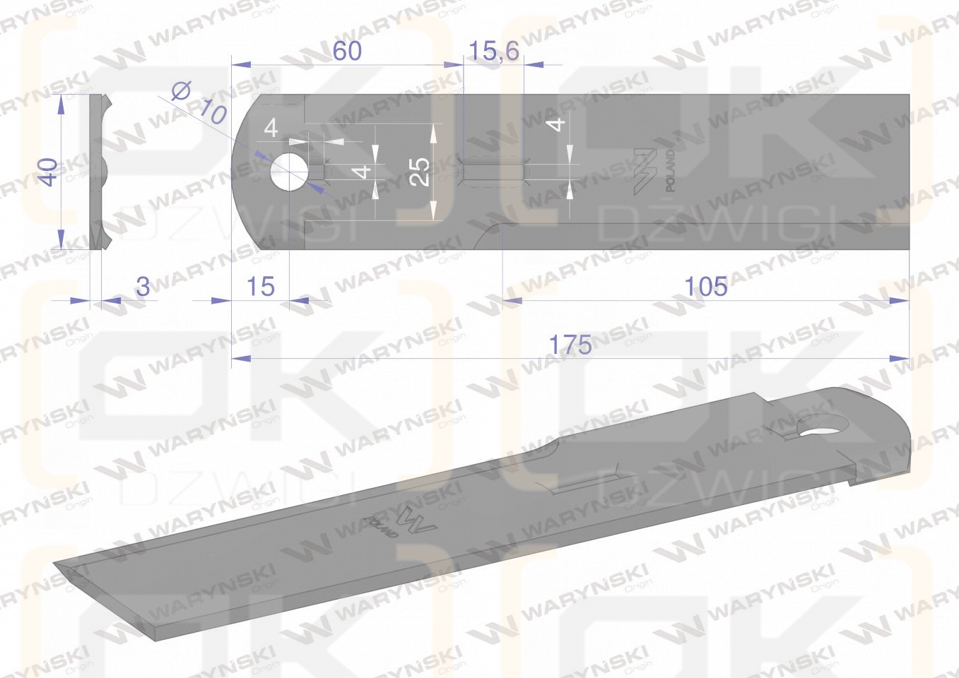 Nóż, stały rozdrabniacz słomy sieczkarnia 175x40x3mm otwór 10 zastosowanie 1322233C2 525115 Dronningborg Case MF WARYŃSKI, Waryński
