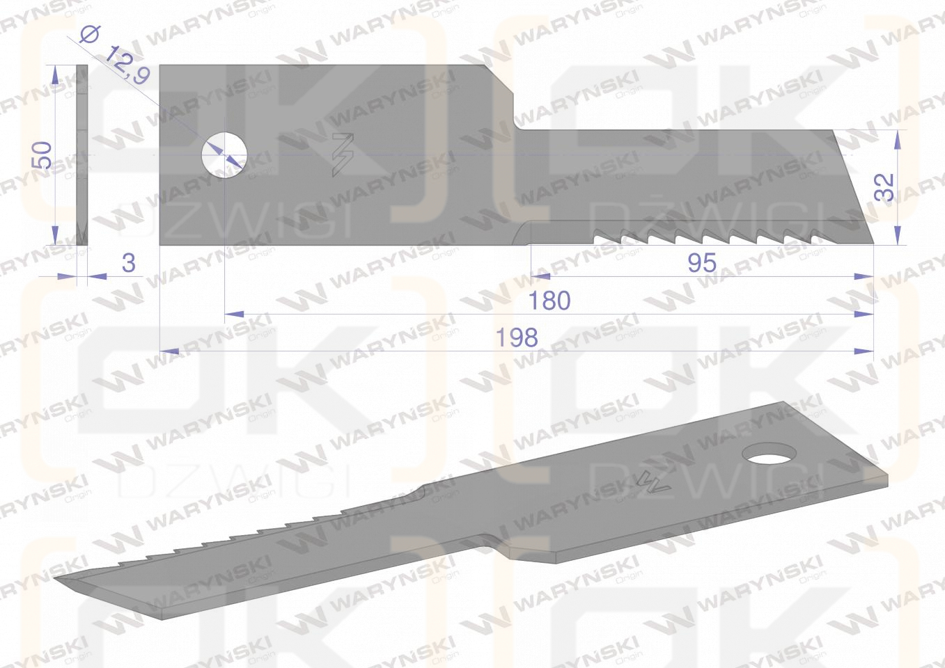Nóż stały rozdrabniacz słomy sieczkarnia uzębiony 198x50x3mm otwór 13 zastosowanie 322291650 New Holland WARYŃSKI ( sprzedawane po 25 )