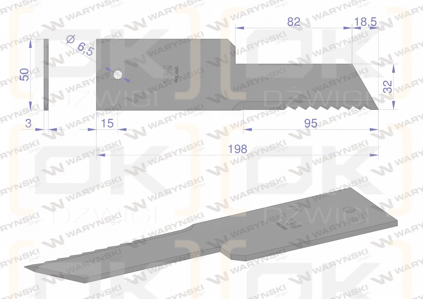 Nóż, stały rozdrabniacz słomy sieczkarnia 198x50x3mm otwór 6.5 zastosowanie Z59033 280910Z John Deere WARYŃSKI, Waryński