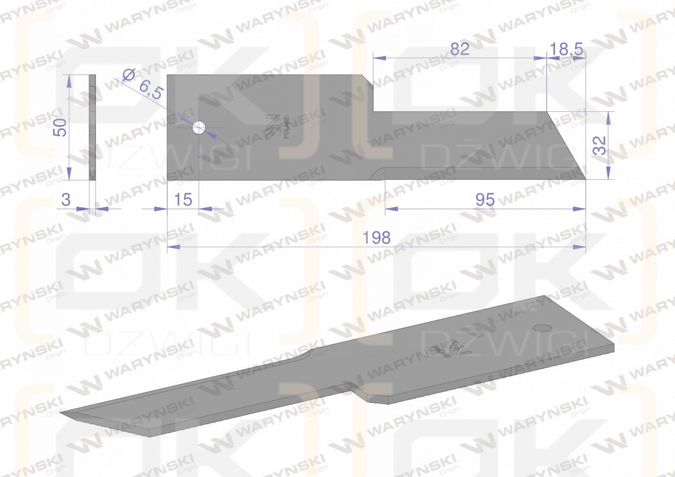 Nóż stały rozdrabniacz słomy sieczkarnia 198x50x3mm otwór 6.5 zastosowanie Z59020 280900Z John Deere WARYŃSKI ( sprzedawane po 25 )