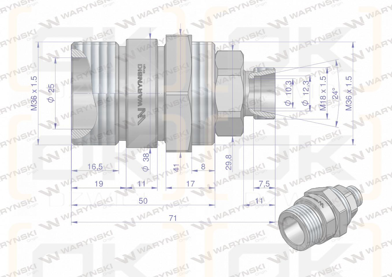 Zawór gniazdo (Bizon) M18x1,5 skręcane (ZSR6160101) Waryński