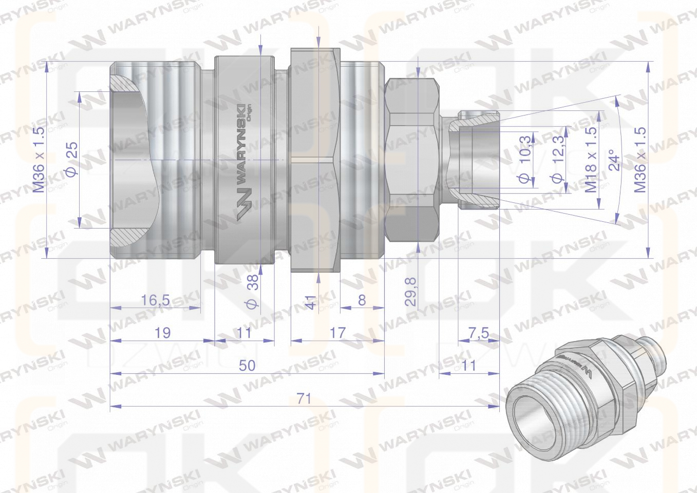 Zawór gniazdo (Bizon) M18x1.5 skręcane (ZSR6160101) Waryński  (opakowanie 10szt)