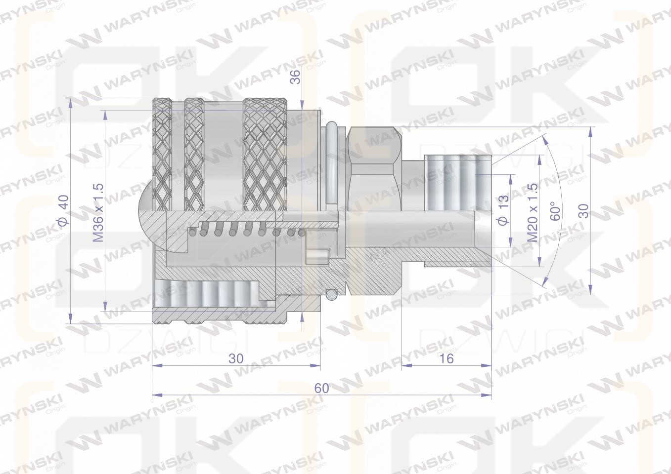 Zawór wtyczka M20x1.5 skręcane (ZSR6M20WTK) Waryński