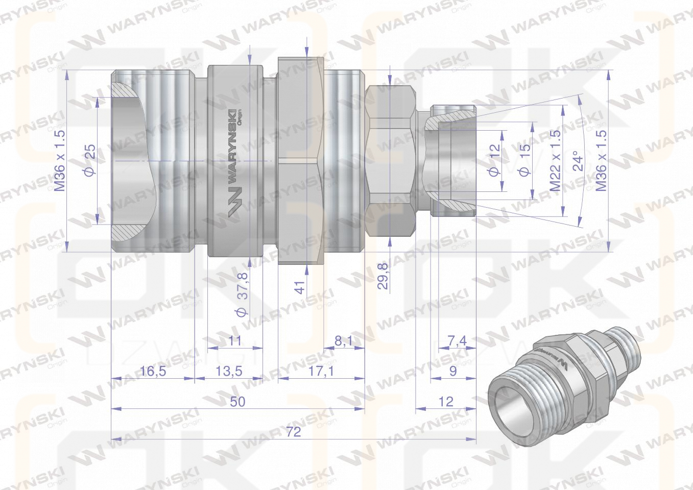 Komplet - zawór gniazdo M22x1.5 skręcane (50490020) z gwintowaną pokrywą/osłoną aluminiową Waryński