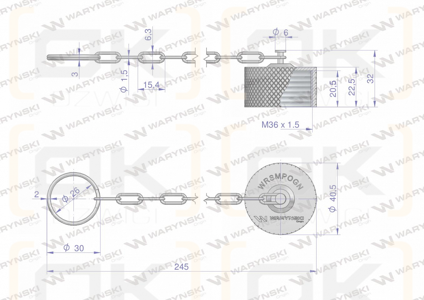 Komplet - zawór gniazdo M22x1.5 skręcane (50490020) z gwintowaną pokrywą/osłoną aluminiową Waryński