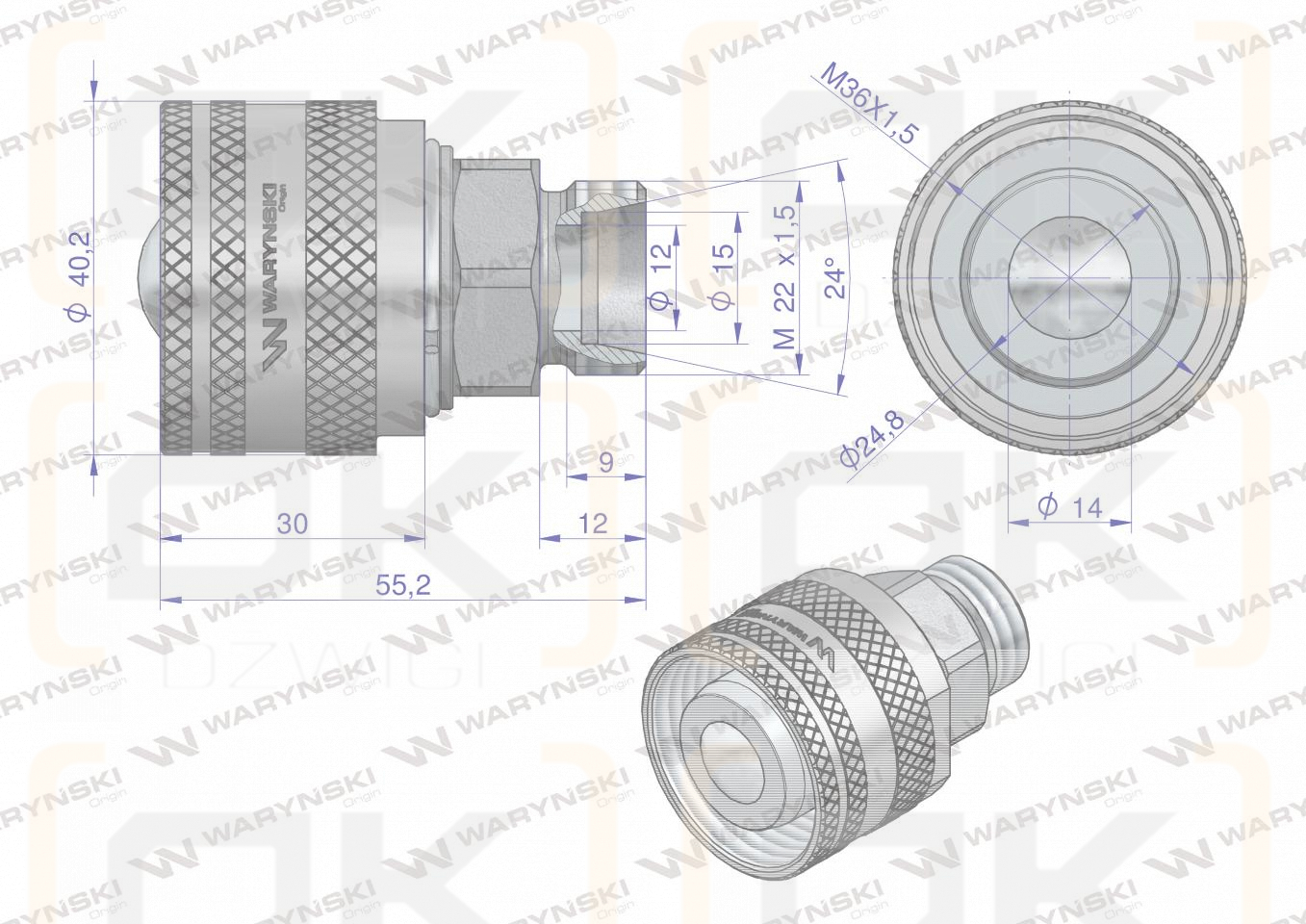 Zawór wtyczka M22x1,5 skręcane (50490030) Waryński