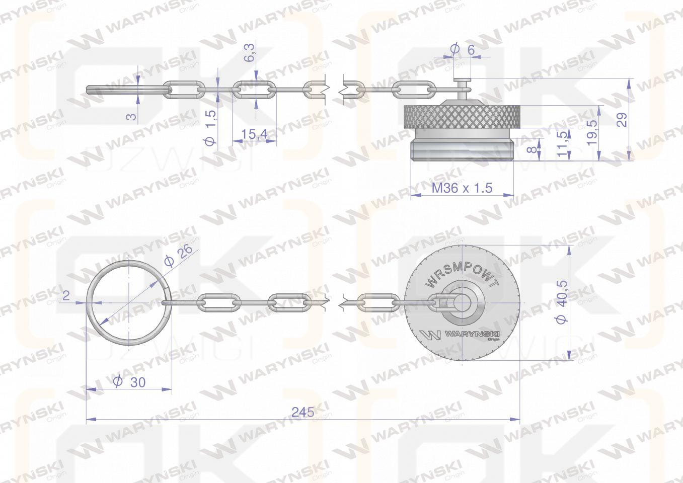 Komplet - zawór wtyczka M22x1.5 skręcane (50490030) z gwintowaną pokrywą/osłoną aluminiową Waryński