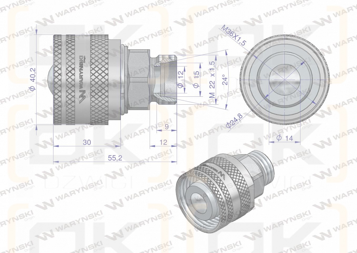 Komplet - zawór wtyczka M22x1.5 skręcane (50490030) z gwintowaną pokrywą/osłoną aluminiową Waryński